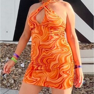 Vibrant Orange Swirl Halter Dress